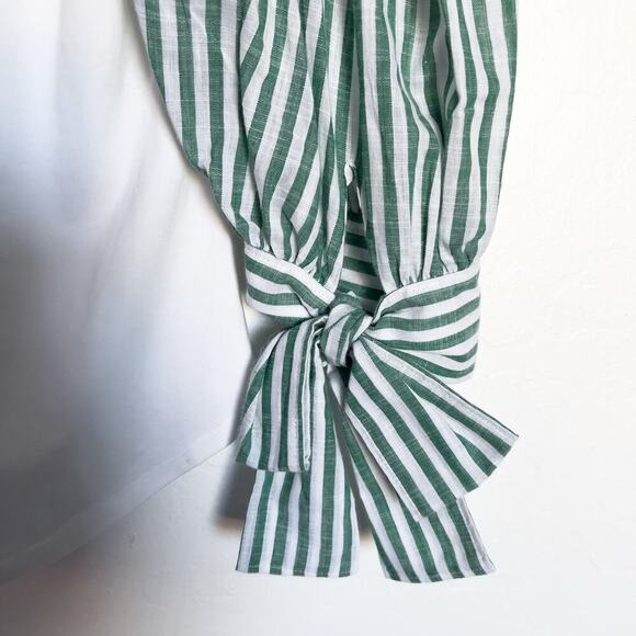 Cinq A Sept Shirt XS White Green Puff Sleeve Tie Stripe Charlie Crewneck Tee Top - Picture 6 of 8